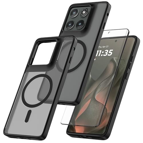 RYKQ Magnetic for Motorola Edge 5G 2025 Case with Tempered Glass Screen Protector Matte Translucent Shockproof Protective Bumper Phone Cover (Black)
