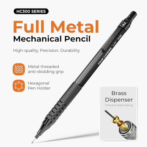 Four Candies Metal Mechanical Pencil Set, 4PCS 0.3, 0.5, 0.7, 0.9MM Mechanical Pencils & 2MM Drawing Pencil with 9 Tubes Lead Refills (4B 2B HB 2H Color) for Student Writing Artist Sketching - Black by Four Candies - Image 3