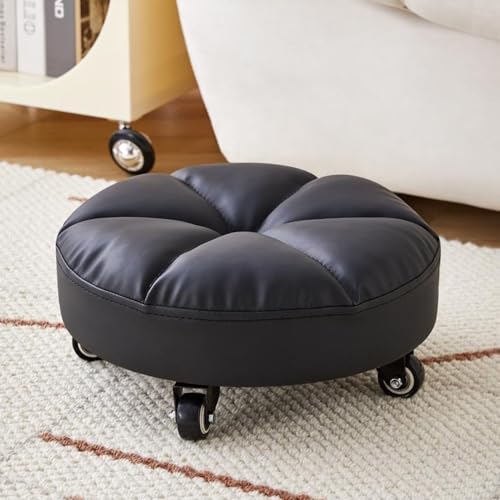 Taburete bajo con asiento de rodillo amplio, ruedas de rodamiento de 360°, piel sintética suave, ideal para el hogar, jardín, oficina, garaje, tienda, fitness y deportes