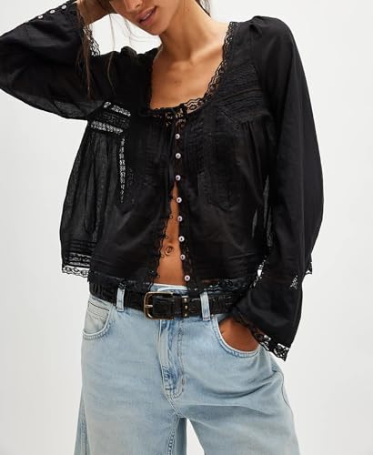 Yiulangde Tie Front Lace Tops for Women Trendy Ruffle Trim V-Neck Chiffon Blouse Y2k Sheer Peplum Long Sleeve Button Tshirts - Image 3