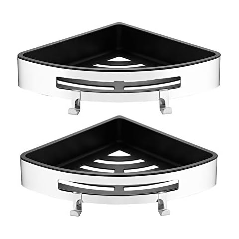 SimpleHome Ecki I Stainless Steel Bathroom Corner Shelf without Drilling I with Removable Tray I Glued or Screwed I 2 Pieces with 4 Hooks Cover