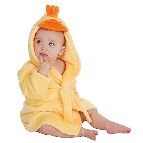 Bamu Baby Town - Albornoz unisex de felpa suave con capucha para niños y niñas, tallas 6-24 meses, 2-6 años, Pato-amarillo, 18-24 meses