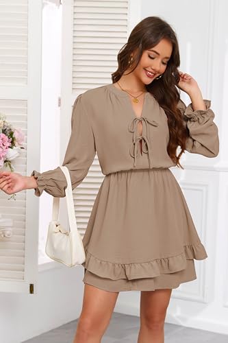 Image of Angashion Womens Tie Front Mini Dress V-Neck Ruffle Hem Summer Pockets