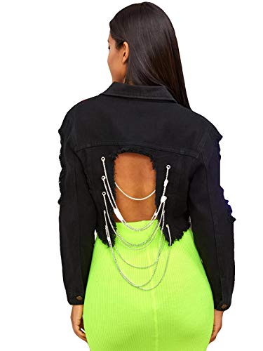 Floerns Women's Ethnic Embroidered Ripped Casual Long Sleeve Denim Jacket Black S