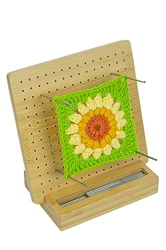 Blocking Board for Crocheting - Bamboo Granny Square Blocking Board - Beautiful Knit Blockers Stand w/ 30 Pins & Tray to Hold & Store Pins - Crochet Accessories and Supplies - 7.8” x 7.8” x 0.5"