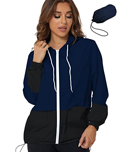 YAOBAOLE Women's Casual Lightweight Windbreaker Zipper Sport Jacket Color Block Rain Coat with Hood Navy XL