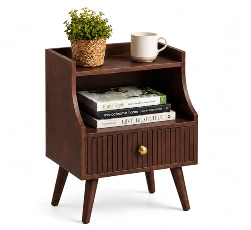 Image of ETIQUETTE ART Modern Fluted Nightstand with Drawer and Open Storage Shelf, Bedside Table with Round Edge, Boho Night Stand with Solid Wood Legs & Knob Handle End Table for Bedroom (Brown)