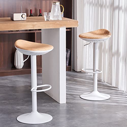 YOUNIKE Bar Stools Set of 2 Seashell Counter Height Bar Stools White Barstools, Swivel Bar Stool Counter Stools for Kitchen Island with Footrest, Woodgrain Faux Leather Seat