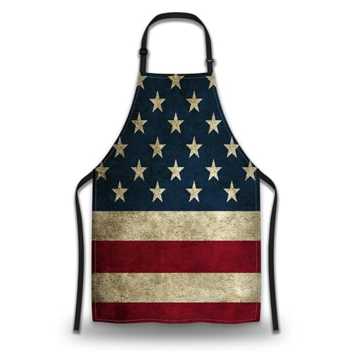 Olikked Housewife Apron for Women Vintage American Flag Burlap Cooking Aprons for Men for Kitchen Cooking Restaurant BBQ Painting Crafting Gardening 27” (W) x 31” (H), Waterproof Apron