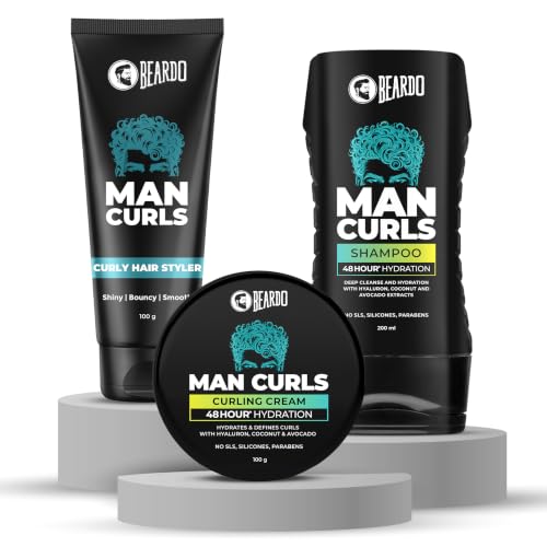 Image of Beardo Man Curls Combo for Men: Shampoo (200ml), Curling Cream (100g) & Curling Hair Styler (100g) - 3-Step Routine for Frizz-Free, Defined Curls & Long-Lasting Hold (Set of 3)