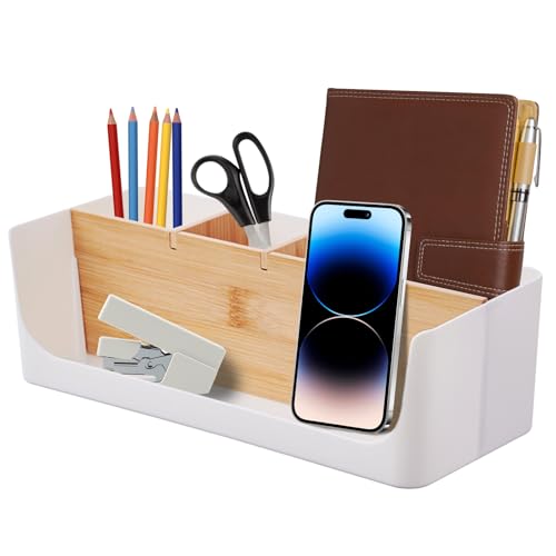 Qaestuan Organisateur de bureau et porte-stylos, Rangement en Plastique Multifonctionnel, Organisateur de Maquillage Boîte à Cosmétique, Boîte de Rangement Bureau, Organiseur pour stylos (Blanc)