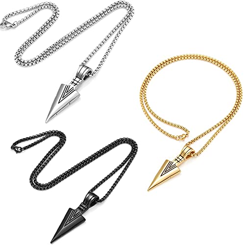 Wainis 3 Pcs Stainless Steel Pendant Necklace For Mens Cool Spearpoint Arrowhead Pendant Chain Necklace Set Black & Silver Tone & Gold Tone #TOP1