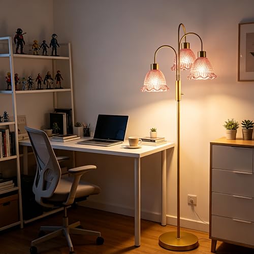 Image of 3-Light Glass Floor Lamp for Living Room, 70 inch Gold Dimmable Standing Tall Lamp with Deep Red Glass Shades &3PCS 3000K Warm White Bulbs for Wedding /Party, Modern Tree Pole Lamp for Bedroom Home Decor
