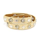 Armband: Leder-Wickelarmband für Damen und Mädchen mit sternförmigen Nieten und Blumen aus filigranen Nieten und Strass-Steinen mit der Größe 39,00 cm x 1,50 cm