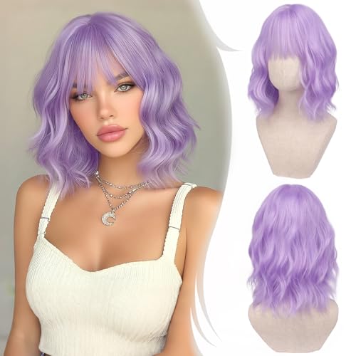 RUWISS Kurze Gewellt Bob Perücke mit Pony Damen Hell Lila 35 cm Synthetische Lockige Haare Perücken für Cosplay Tägliche Party Halloween