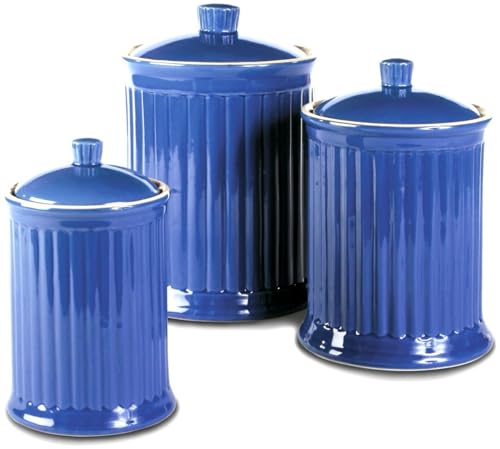Omniware Simsbury 3-Piece Canister Set - Ceramic Storage Jars with Airtight Lids, Lead-Free Glaze, Dishwasher Safe - Vintage-Inspired Kitchen Containers for Flour, Sugar, Coffee (Simply Blue)