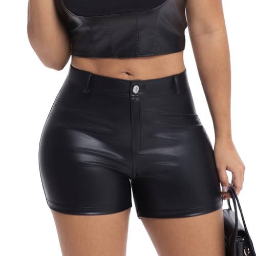 Zovcihgb High Waist Stretchy Faux Leather Shorts for Women PU Leather Shorts with Belt Loops Going Out Style (Above Mid-Thigh) Black