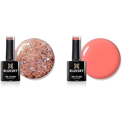 Bluesky Gel Nail Polish, Pinch Of Peach Blz43, Chunky Glitter, Light, Peach, Pink, and Summer Coral BSH019, Coral, Peach, Orange, Long Lasting, Chip Resistant, 10 ml