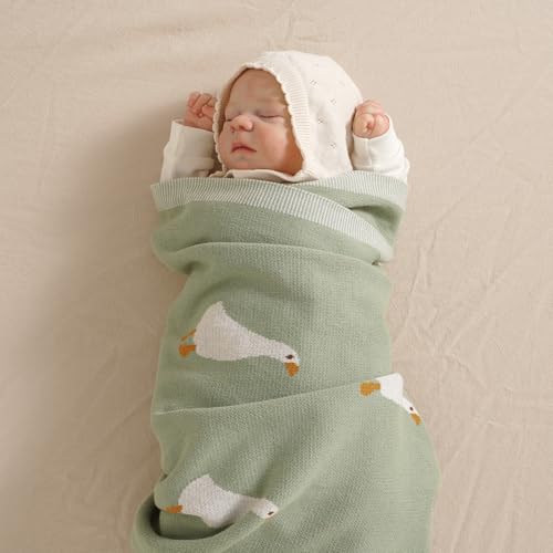 Image of mimixiong Baby Blanket Knit Receiving Boys Girls Blanket Soft Cotton Neutral Blanke for Swaddle Crib Stroller with Cute Sheep (Goose-Sage Green, 30x40 Inch (Pack of 1))
