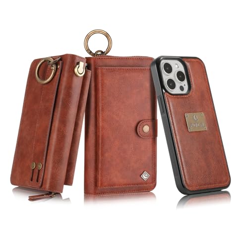 iPhone15 Pro 対応 ケース 分離可能 財布 大容量 14枚カード収納 お金入れ カラビナ バンド ストラップ付き マグネット式 多機能 携帯ポーチ(ブラウン)