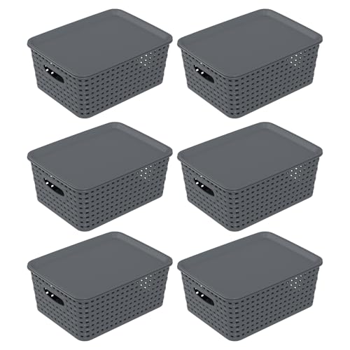 Lesbin 6-Pack Lidded Storage Baskets, ‌Weave Baskets with Lids, Gray