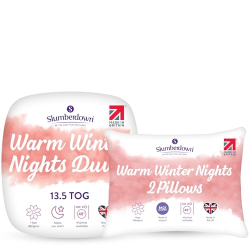 Slumberdown Warm Winter Nights King Size Duvet 13.5 Tog & 2 Pillows - Thick & Cosy Quilt for Cold Weather | Soft Touch Cover, Non-Allergenic, Washable UK-Made Bedding (225 x 220cm)