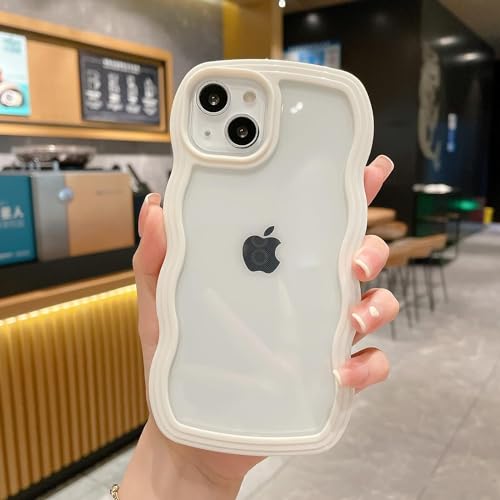 Image of MIDOS Back Cover Compatible with iPhone 14 Plus, Cute Curly Wave Frame Clear Case for Girls Women, Transparent Soft Silicone TPU Bumper Shockproof Protective Cover for iPhone 14 Plus (White)