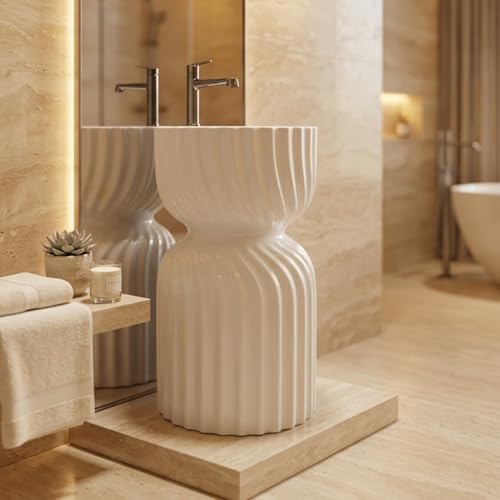 Image of Well Set Luxury Ceramic One Piece Pedestal Wash Basin | Premium Stand Wash Basin Square for Home Office Hotel | Glossy White