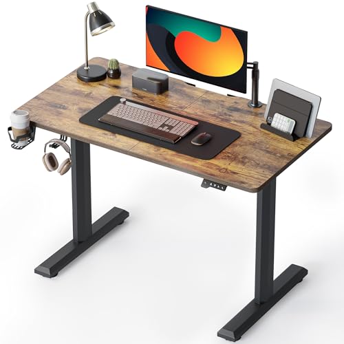 Image of FEZIBO Height Adjustable Electric Standing Desk, 44 x 24 Inches Stand up Table, Sit Stand Home Office Desk with Splice Board, Rusticbrown