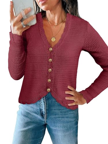 Image of Saodimallsu Womens V Neck Cardigan Sweaters Button Up Cropped Boho Knit Long Sleeve Loose Trendy Sweater Tops