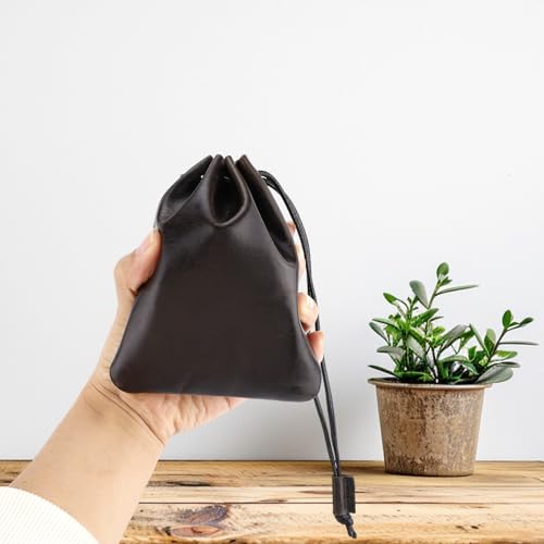 Leather Drawstring Pouch, 14.5x12.5cm/5.71x4.92in Cowhide Drawstring Pouch Medieval Coin Purse Organizer Vintage Leather Storage Bags for Earphone (Dark Brown)