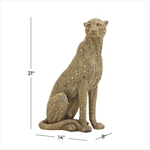 Deco 79 Polystone Leopard Encrusted Beading Sculpture With Diamond Shaped Mirrored Accent, 8" X 14" X 21", Gold #TOP2