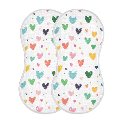 Colorful Love Hearts Cotton Muslin Burp Cloths Good Absorbent Milk Spit Up Cloth for Unisex Babies Set of 2, 22x11in