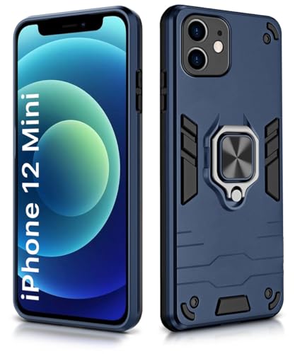 Image of WOW IMAGINE Shock Proof Back Case Mobile Cover for iPhone 12 Mini | Back Cover Case (Tough Armor | Hybrid PC + TPU | Ring Holder & in-Built Kickstand | Blue)