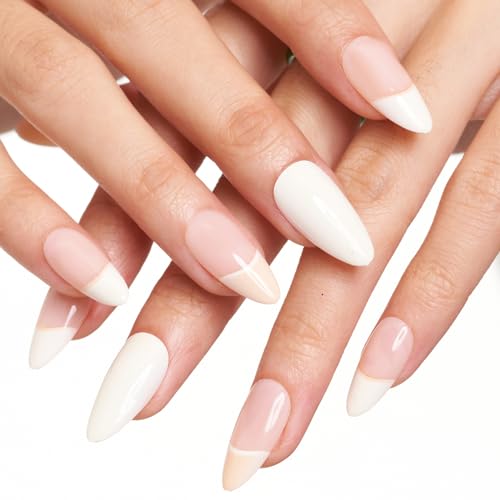 GLAMERMAID Creamy White Press on Nails Medium Almond, Nude Pink Beige Crush Jelly Gel False Nals, French Tip Stiletto Glue on Nails Kit for Women, Short Oval Stick on Acrylic Fake Nails Manicure Set — view 3