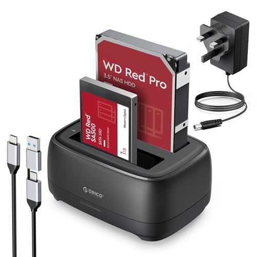 ORICO Hard Drive Docking Station, USB C/A Dual Bay SSD Reader for 2.5 or 3.5 inch SSD HDD Dock Tool-Free Enclosure with Adapter Surport 2 * 22 TB SATA HDD/SSD (Not Support Offline Clone)