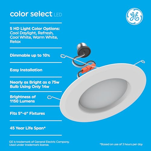 GE Color Select LED Recessed Downlight Fixture, RS6 Indoor Floodlight, 6-Inch, Multiple Color Temperatures, 75 Watt Replacement (3 Pack) by GE - Image 2