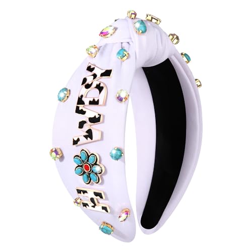 Western Cowgirl Headband Accessories for Women Cowgirl Cowboy Boot Embellished Headband Rhinestone Crystal Pearl Top Knot Hairband Rodeo Nashville Bachelorette Party Country Concert Outfit (White 2)