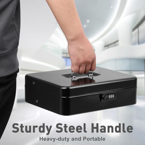 Image of KYODOLED Metal Cash Box with Combination Lock & Spring-Loaded Bill Clips, 5-Compartment Cantilever Coin Tray, Portable Safe for Yard Sales /Craft Fairs /Small Businesses, 11.81 inchx9.45 inchx3.54 inch, Black