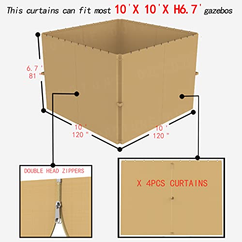 Protune Outdoors 10-Ft X 10-Ft Gazebo Curtains,Privacy Sidewall Set 4-Panel Universal Replacement Shade Curtains Set,Protecting Side Walls (Only Curtain)-Khaki #TOP1