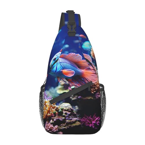 OUSIKA Coral Reef Fish Aquarium Sling Bag Lightweight Chest Bag Crossbody Bag Shoulder Bag Sports Backpack For Women Men, Black, One Size