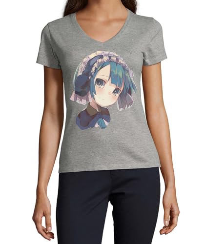 T-shirt à col en V Anime 111 en coton gris anti-irritation pour femme