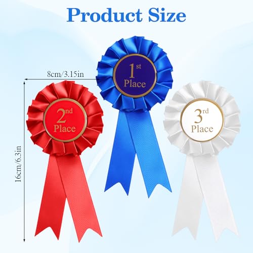 LXUEJIE 3 Pack Award Ribbons, 1st 2nd 3rd Place Ribbons, Prize Ribbon Blue Red White, First Place Ribbon for Competition & Sports, Participation Winner Award Badges for School Parties, Coaches, Event