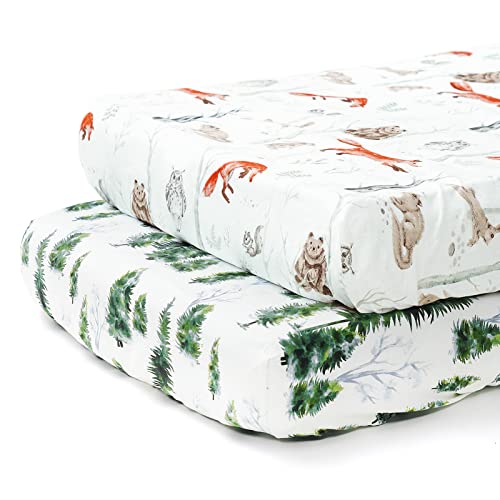 Image of TCBunny 2 Pack Premium Fitted Baby Crib Sheets for Standard Crib Mattress - Ultra-Soft Cotton, Stylish Animal Woodland Pattern, Safe and Snug for Baby, Boys and Girls, 28" x 52"