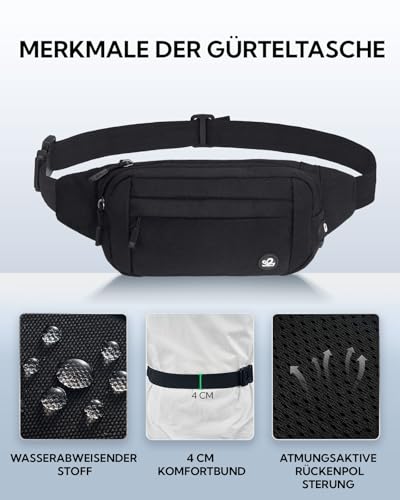 WATERFLY Bauchtasche Hüfttasche Herren Damen: Klein Gürteltasche Sport Bum Hip Bag Männer Frauen Waist Fanny Pack mit Verlängerungsgurt für Reise Wandern Hundetraining Outdoor Schwarz