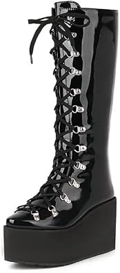 Amazon.com: Botas de tacón de cuña para mujer, botas altas hasta la  rodilla, charol, plataforma retro, punk, botas largas para mujer con  cordones góticos : Ropa, Zapatos y Joyería