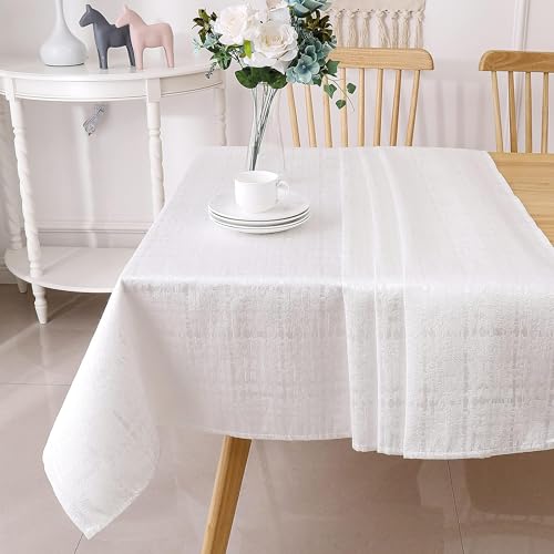 Majestic Giftware Polyester Tablecloths for Rectangle Tables | (70/108) - TC1357 Jacquard Wave White Print Hem Stitch Dining Table Cover | Decorative Washable Tablecloth for Kitchen, Dining