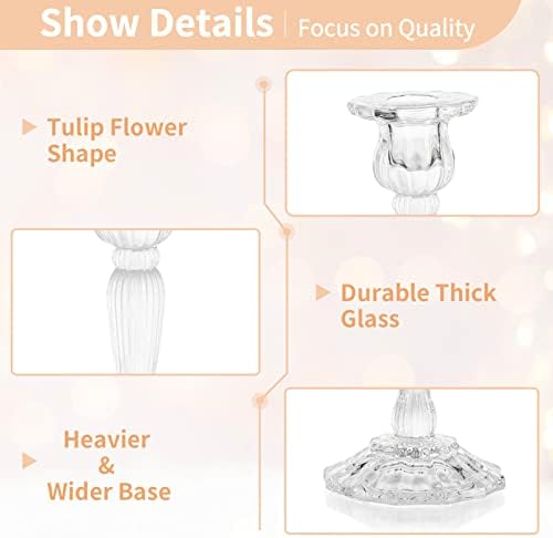 Nuptio Glass Taper Candle Holder: Set of 2 Clear Candle Holders for Candlestick, Tapered Candles & Holders for Long Candles Stick Tall Wedding Birthday Party Dinner Table Centerpieces Decorations