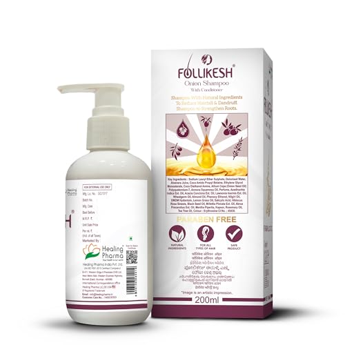 Image of Follikesh Red Onion Hair Shampoo with Conditioner for Women & Men | Anti-Hairfall & Anti-Dandruff | With Curry Leaves, Red Onion Oil, Rosemary Oil & Aloe Vera | Paraben & Sulphate Free - 200ml