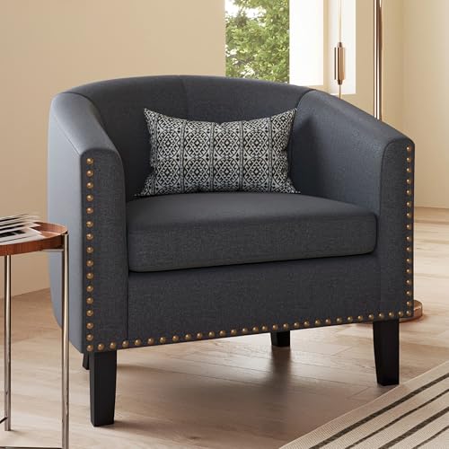 Image of BELLEZE Accent Barrel Chair, Modern Tub Club Chair Upholstered Armchair with Gold Nail Head Trim and Black Legs for Living Room Bedroom Apartment Lounge - Gray /Linen